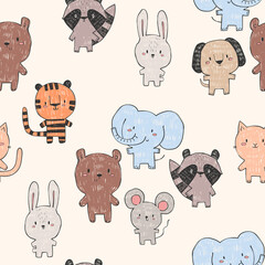 Seamless pattern of hand drawn children's animals. Elephant, rabbit, mouse, raccoon, cat, tiger, bear and dog. Vector illustration in doodle style, colorful. For wrapping paper, fabric, wallpaper. 