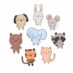 Hand drawn children's set of different animals. Elephant, rabbit, mouse, raccoon, cat, tiger, bear and dog. Vector illustration in doodle style, colorful. For printing on clothes.