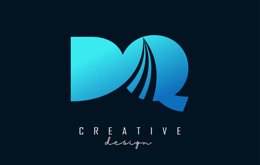 Creative blue letters DQ d q logo with leading lines and road concept design. Letters with geometric design.