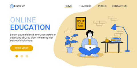 Man studying and working from home. Illustration for the landing page. Online learning concept. 