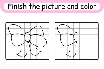 Complete the picture bow. Copy the picture and color. Finish the image. Coloring book. Educational drawing exercise game for children