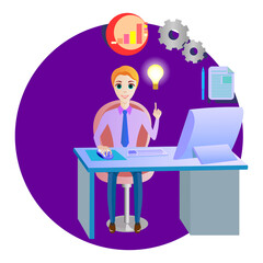 Success at work comes with the beginning of a promising idea, vector flat illustration, office, work, business