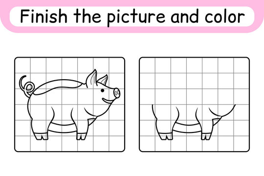 Complete the picture pig. Copy the picture and color. Finish the image. Coloring book. Educational drawing exercise game for children