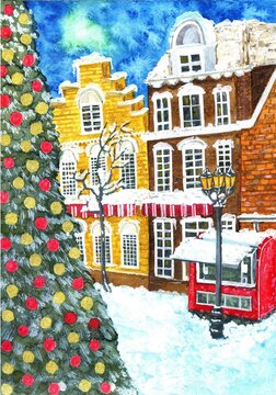 watercolor christmas card. a festive city square with a huge Christmas tree with colorful baubles and toys.new year greeting card