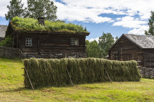 Traditional haystacks at Valdres Folk Museum, Oppland, Norway.