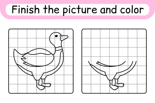 Complete the picture duck. Copy the picture and color. Finish the image. Coloring book. Educational drawing exercise game for children