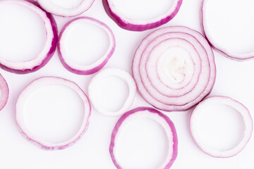 Red onion rings isolated on white background, Top view.