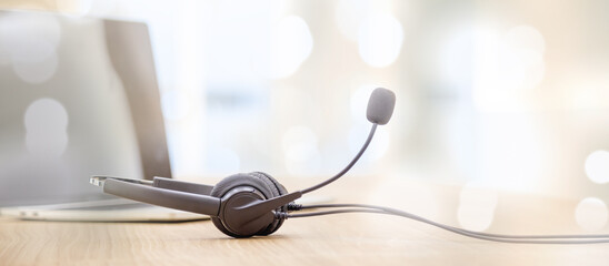 Headset and customer support equipment at call center service.