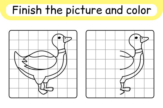 Complete the picture duck. Copy the picture and color. Finish the image. Coloring book. Educational drawing exercise game for children