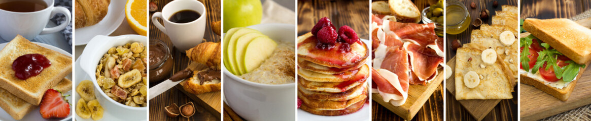 Collage of many popular all over the world breakfast, lunch and snack. Close-up.