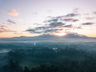 Magnificent Borobudur temple aerial shot in the sunrise time with mountain on the background. Java, Indonesia