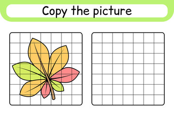 Copy the picture and color leaf chestnut. Complete the picture. Finish the image. Coloring book. Educational drawing exercise game for children