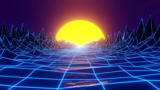 4K 80s retro background, loop animation. Retrowave, 3d landscape with neon low poly  mountains, and sun.