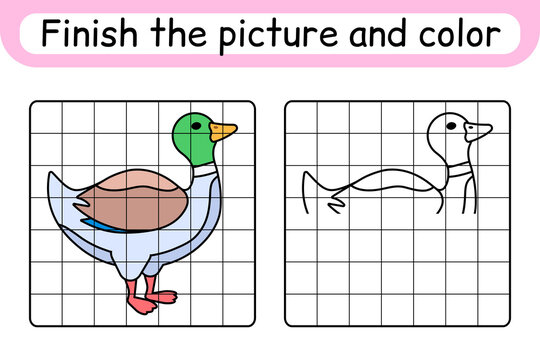 Complete the picture duck. Copy the picture and color. Finish the image. Coloring book. Educational drawing exercise game for children