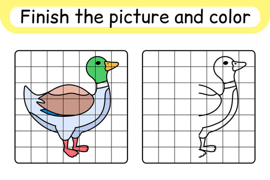 Complete the picture duck. Copy the picture and color. Finish the image. Coloring book. Educational drawing exercise game for children