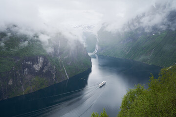 boats in Geiranger fjord, panorama picture, june 2022