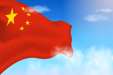 China flag in the clouds. Vector flag waving in the sky. National day realistic flag illustration. Blue sky vector.