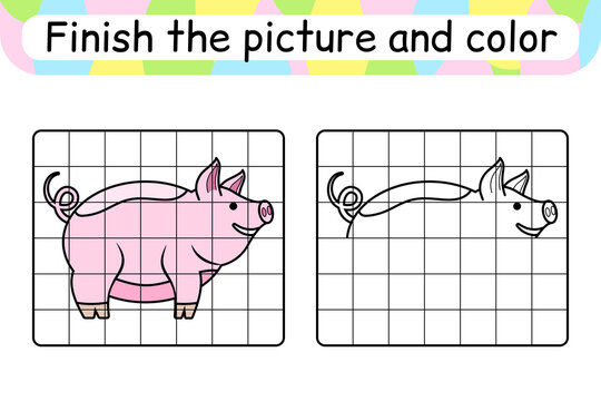 Complete the picture pig. Copy the picture and color. Finish the image. Coloring book. Educational drawing exercise game for children