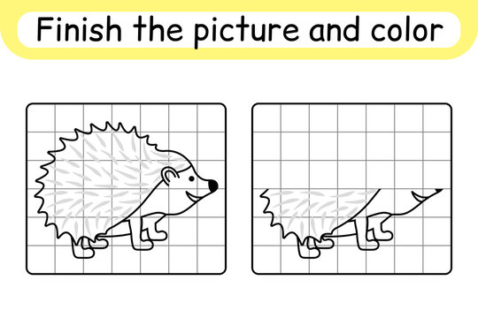Complete the picture hedgehog. Copy the picture and color. Finish the image. Coloring book. Educational drawing exercise game for children