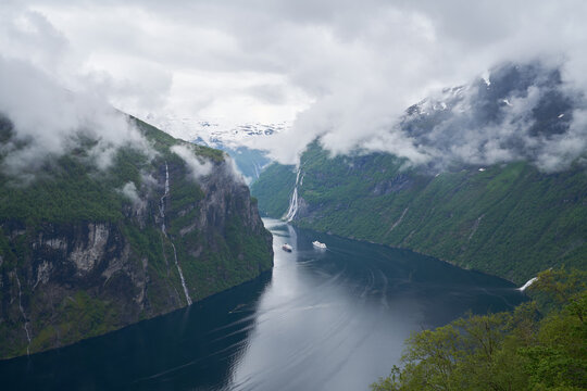 boats in Geiranger fjord, panorama picture