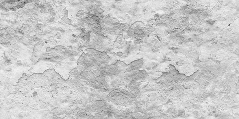Peeling paint on a gray concrete wall. White painted abstract background, grunge cracked surface, beton pattern texture. Empty space.