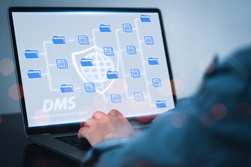 Document management system concept, business man holding folder and document icon software, searching and managing files online document database, for efficient archiving and company data.
