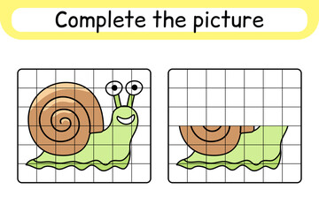 Complete the picture snail. Copy the picture and color. Finish the image. Coloring book. Educational drawing exercise game for children
