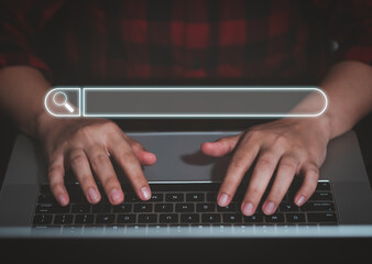 SEO Search Engine Optimization, online Internet browsing web, digital content concept. Woman using laptop with search bar magnifying glass graphic on virtual screen, banner