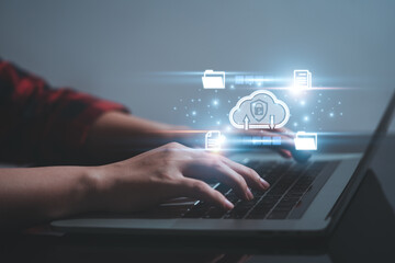 woman use Laptop with cloud computing diagram show on hand. Cloud technology. Data storage. Networking and internet service concept.