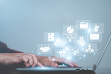 woman use Laptop with cloud computing diagram show on hand. Cloud technology. Data storage. Networking and internet service concept.