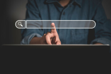 Data Search Technology SEO Search Engine Optimization concept. Woman's hands typing on laptop...