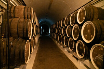barrels of wine in wine cellars close-up