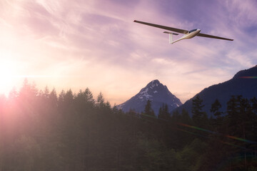 Fototapeta na wymiar Glider flying over trees and mountains in Canadian Landscape. 3D Rendering Artwork. Background from Chilliwack Lake, British Columbia, Canada.