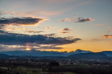 Winter colorful sunset in the countryside of Friuli-Venezia Giulia, Italy