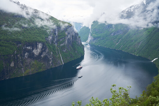 boats in geiranger fjord, panorama picture