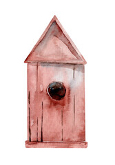 Empty wooden old birdhouse. Hand drawn watercolor illustration isolated on white background close up. Greeting card Mother's Day, Birthday, Easter.