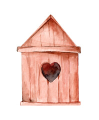 Empty wooden old birdhouse. Hand drawn watercolor illustration isolated on white background close up. Greeting card Mother's Day, Birthday, Easter.