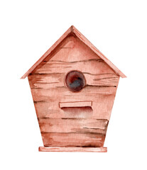 Obraz na płótnie Canvas Empty wooden old birdhouse. Hand drawn watercolor illustration isolated on white background close up. Greeting card Mother's Day, Birthday, Easter.