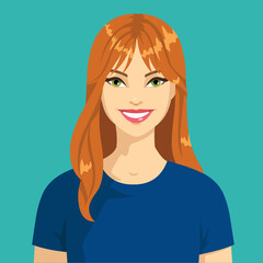 Portrait of a smiling young woman with red flowing hair. The girl is isolated on a turquoise background. Avatar of a happy woman in blue clothes. Vector.