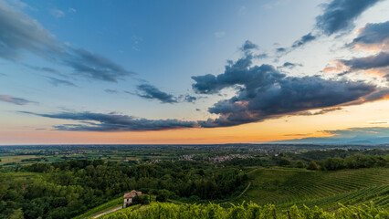 Colorful sunset in the vineyards of Savorgnano del Torre