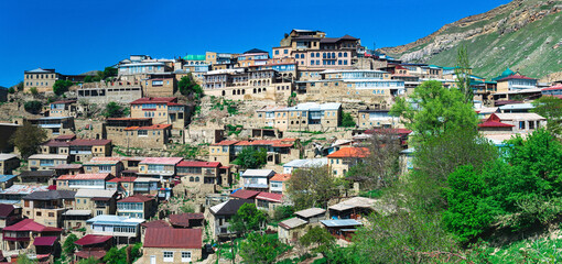 ancient mountain village Chokh over rocky valley in Dagestan