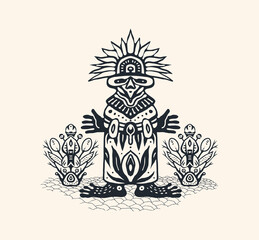 Obraz premium Emblem with Indian shaman of South America. Stylized tribal graphics, design element. Vector illustration