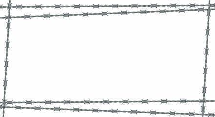 Vector illustration of barbed wire isolated on white background. Rectangular shape frame from twisted barbwire. Security fence backdrop. 
