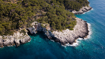 Italy, July 2022. Aerial view of the Quakes islands with their Caribbean sea