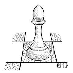 Hand drawn vector sketch. Chess piece on a white background. Chess bishop illustration in doodle style. Drawing of a bishop of a chess piece.