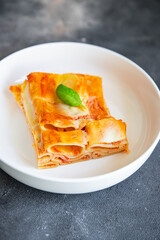 ziti pasta with tomato sauce casserole fresh healthy meal food snack on the table copy space food background rustic top view