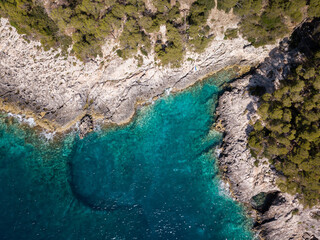 Italy, July 2022. Aerial view of the Quakes islands with their Caribbean sea