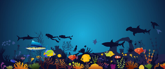 coral reef with fish underwater on a blue sea background. Vector ocean panoramic illustration.
