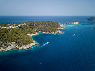 Italy, July 2022. Aerial view of the Quakes islands with their Caribbean sea