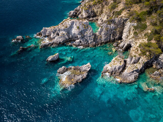 Italy, July 2022. Aerial view of the Quakes islands with their Caribbean sea